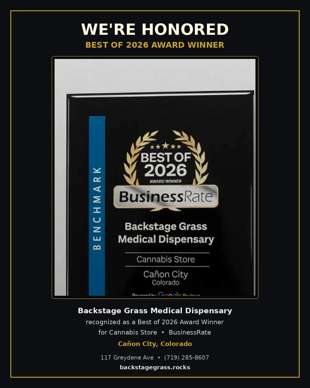 BusinessRate Best of 2026 award — Backstage Grass Medical Dispensary